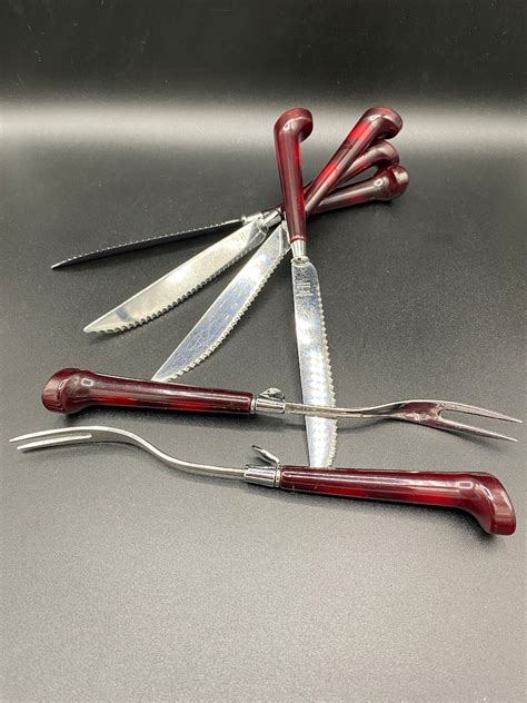 Glo Hill Forks X Steak Knives X Marvo Wine Red Bakelite Handles