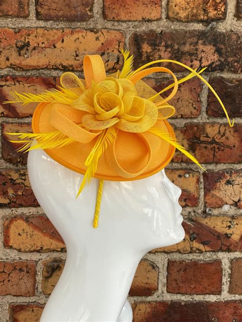 Mustard Yellow Sinamay Disk Fascinator With Feathers