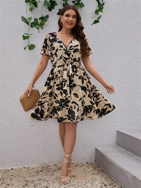 SHEIN Clasi Plus Floral Print Butterfly Sleeve Belted Dress SHEIN USA