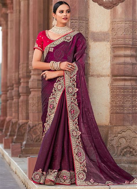 Wine Art Silk Embroidered Sarees Sasacy