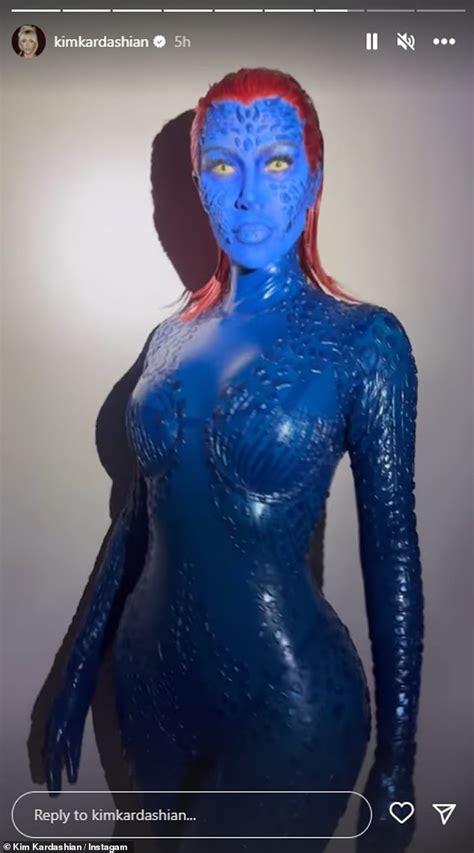 Kim Kardashian Paints Her Entire Body Blue And Sports Latex A Costume As X Men S Mystique