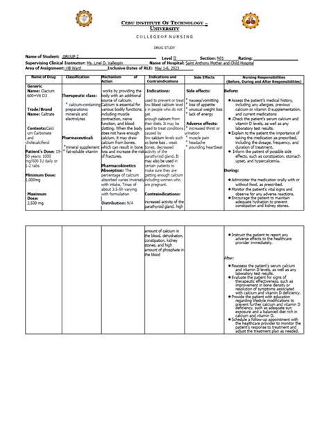 DRUG-STUDY (Calcium) | PDF | Vitamin D | Dose (Biochemistry)