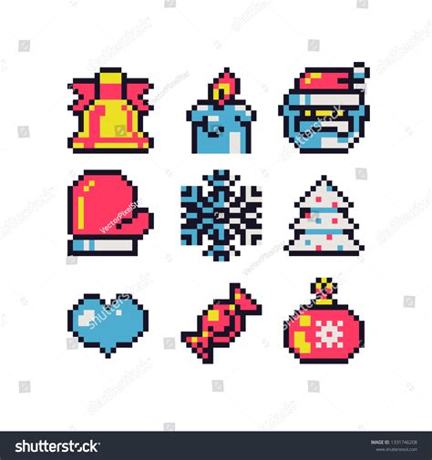 Vektor Stok Pixel Art Christmas Icons Set Happy Tanpa Royalti 1331746208 Shutterstock