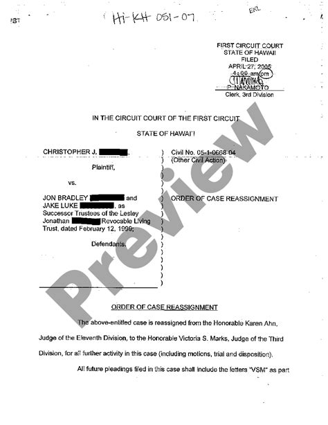 Hawaii Order Of Case Reassignment US Legal Forms