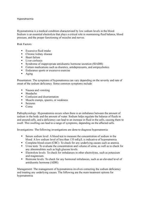 On Hyponatraemia - Hyponatraemia Hyponatremia is a medical condition ...