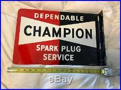 Original Vintage Double Sided Flange Champion Spark Plug Metal Sign