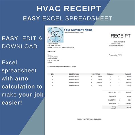 Receipt Template Receipting Excel Template HVAC Air Conditioning HVAC