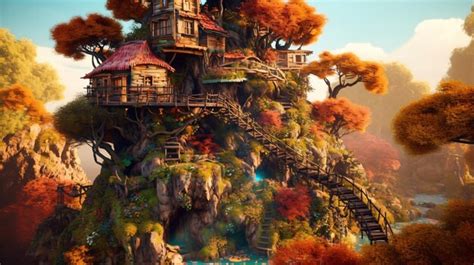 Premium Ai Image D Fantasy Tree House Fairytale Fantasy Landscape