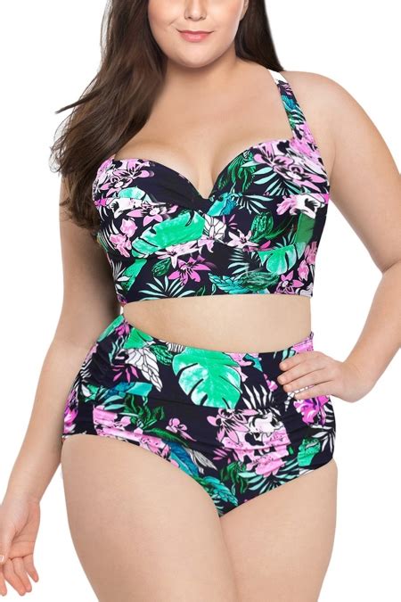 TROPICAL FLORAL PUSH UP BIKINI PLUS SIZE HIGH WAIST SWIMSUIT