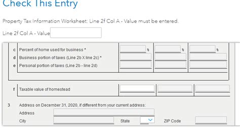 What Value Do I Enter For Property Tax Information Worksheet Line 2f Col A Value Must Be