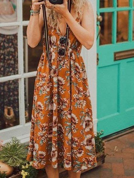 60 Burnt Orange Yellow Floral Pattern Flower Print Strappy Cami Midi