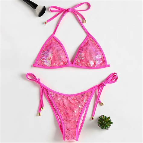 Zaful Self Tie Sequined Bikini Set Brazilian Bikini String Halter Sexy