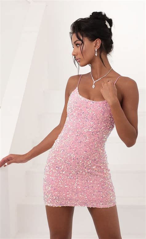 Iridescent Sequin Bodycon Dress In Pink Homecoming Dresses Short