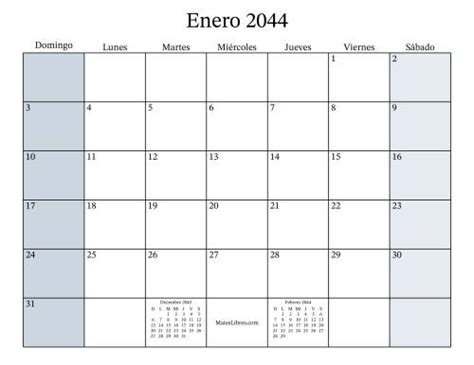 Calendario Mensual Rellenable del Año 2044 2044