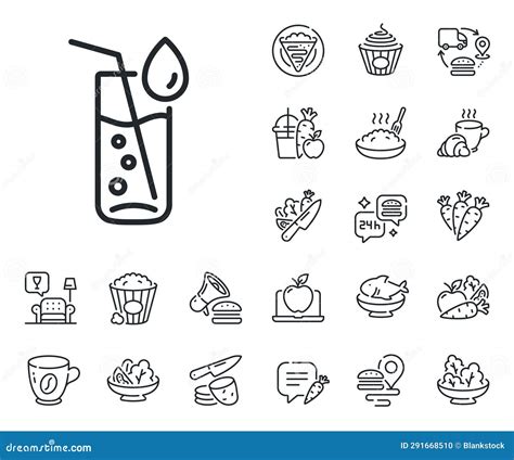 Water Glass Line Icon Soda Aqua Sign Crepe Sweet Popcorn And Salad