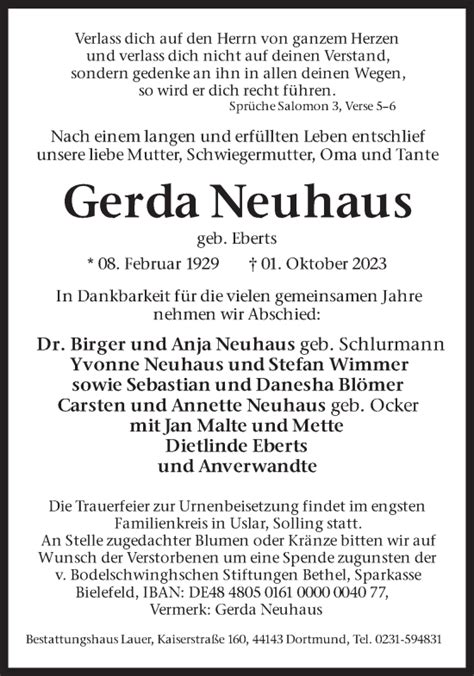 Traueranzeigen Von Gerda Neuhaus Sich Erinnern De