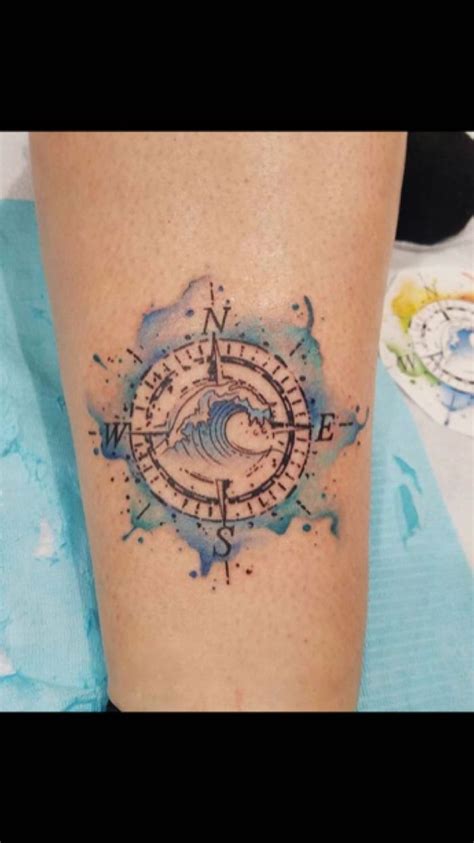 Watercolor Giant Wave Blue Anchor And Compass Tattoo Leg Tattoo Blue Paper Compass Tattoo