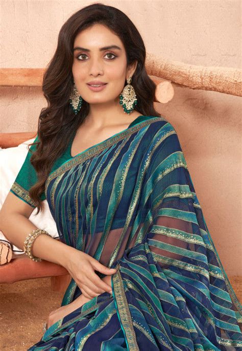 Buy Woven Georgette Brasso Saree In Blue Online Sts Utsav Fashion