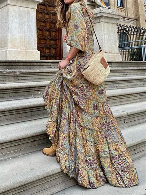 Printed V Neck Sleeve Bohemian Dress Habill E D Contract E Mode