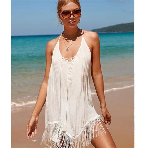 Robe de Plage Frange Femme Sexy Été Dentelle Robe Dos Nu Col V de Plage Bikini Cover Up Taille