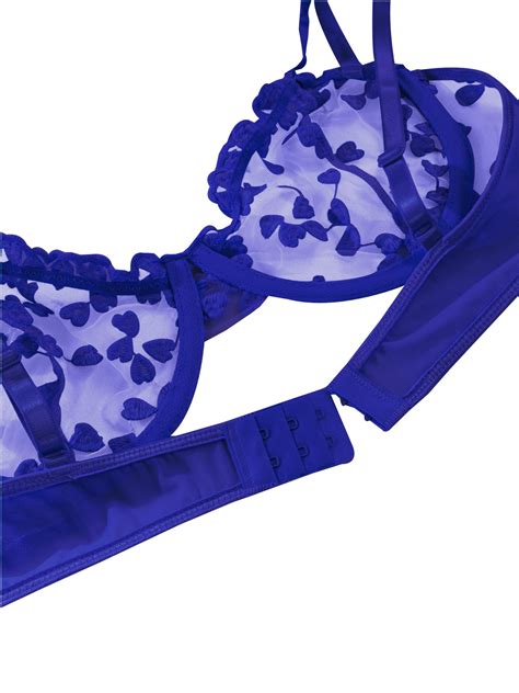 Snapklik Sexy Cute Underwire Push Up Strappy Heart Embroidered Mesh Sheer Lingerie Set For