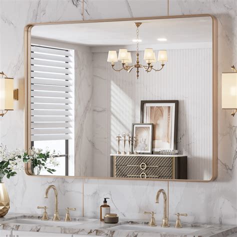 LOAAO 40”X30” Gold Bathroom Mirror, Rounded Rectangle Gold Frame Mirror