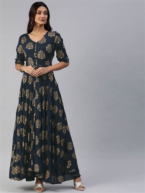 Navy Blue Printed Viscose Rayon Maxi Dresses Swishchick 3399258