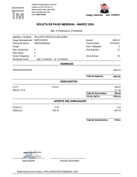 Marzo TRABAJOS MANUALES CRF SAC Pasaje Los Pinos 190 Piso 16