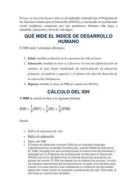 Indice El Ndice De Desarrollo Humano Idh Es Un Indicador Realizado