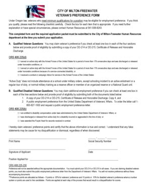 Fillable Online Veterans Preference Form City Of Milton Freewater