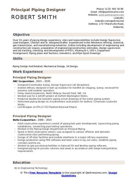 Principal Piping Designer Resume Samples Qwikresume