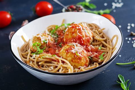 Italian Pasta Spaghetti With Meatballs And Parmesan Cheese Stock Photo