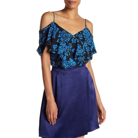 Diane Von Furstenberg Ruffle Cold Shoulder Floral Silk Blouse EvaChic