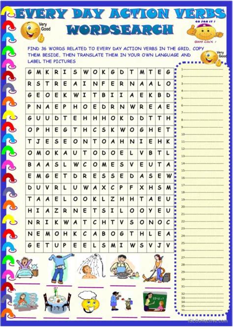 4 Verbs Action Verbs Word Search Vocabulary Practice Engl