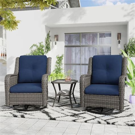 JOYSIDE 3 Piece Wicker Patio Conversation Set With Blue Cushions All