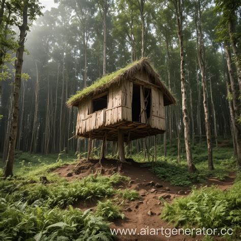 Tree Grows Through Forest Hut and Lifts It Into the Sky | AI Art Generator