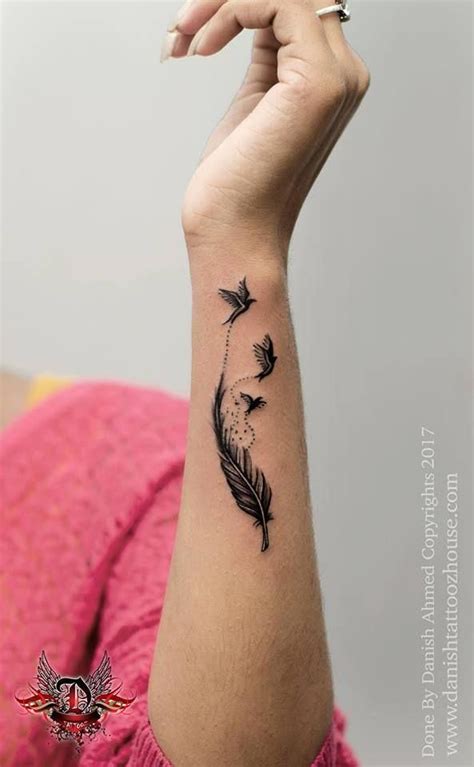 Feather With Birds On Wrist Tattooideas Feather Tattoos Feather