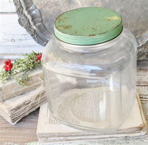 Vintage Hoosier Glass Jar With Green Lid Container Farmhouse Decor Glass Gallon Jar Square Jar