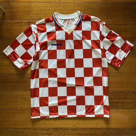 Vintage Croatia style soccer jersey Red and white... - Depop