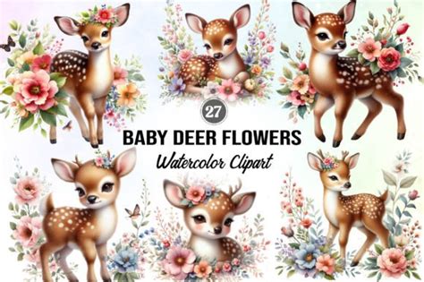 Baby Deer Flowers Watercolor Clipart Graphic by Creative Home ...