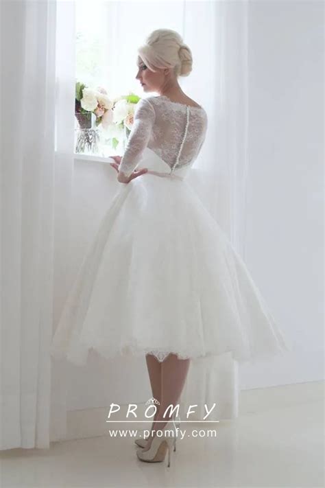 Illusion Lace 34 Sleeve Tea Length Wedding Gown Promfy