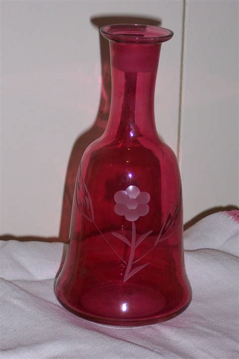 Cranberry Red Etched Frosted Glass Vase Vintage Bell Shaped Etsy