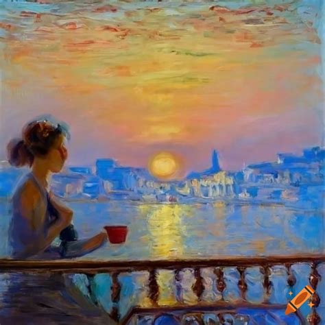 Impressionist Painting Of A Young Lady On A Balcony With A Coastal Town