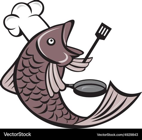 Fish Chef Cook Holding Spatula Frying Pan Cartoon Vector Image