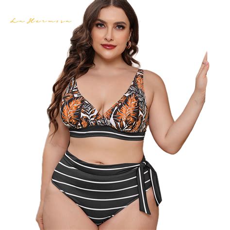 Summer Women Stripe Print Two Piece Swimsuit Bathing Suit Bikini Plus Size High Waist Knotted At