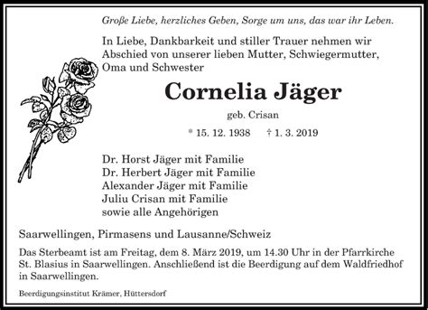 Traueranzeigen Von Cornelia J Ger Saarbruecker Zeitung Trauer De