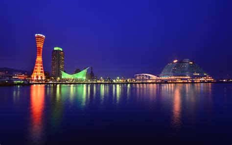 japan, Honshu, Kobe, City, Port, Buildings, Tower, Light, Night, Blue, Sky, Reflection ...