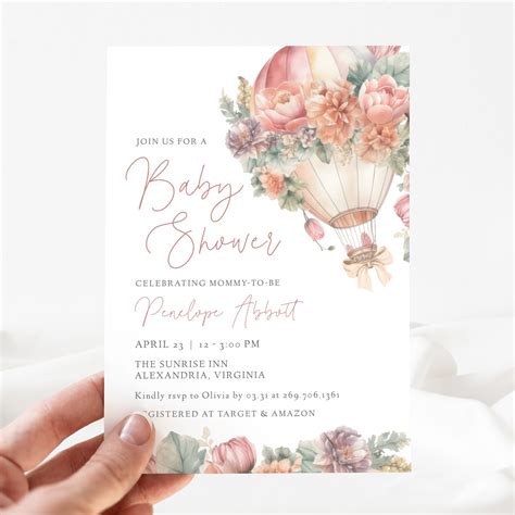 Pink Hot Air Balloon Baby Shower Invitation Editable Template Pink Baby Shower Invite Printable