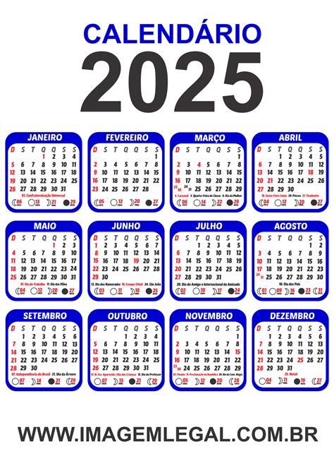 Calendário 2025 Com Feriados Para Imprimir Grátis Em Png Imagem Legal