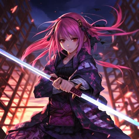 Premium Photo | Anime girl with pink hair holding a sword in front of a ...